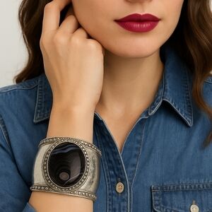Brighton Botswana Agate Hammered‎ Wide Cuff Bracelet – Signed Heart “B”